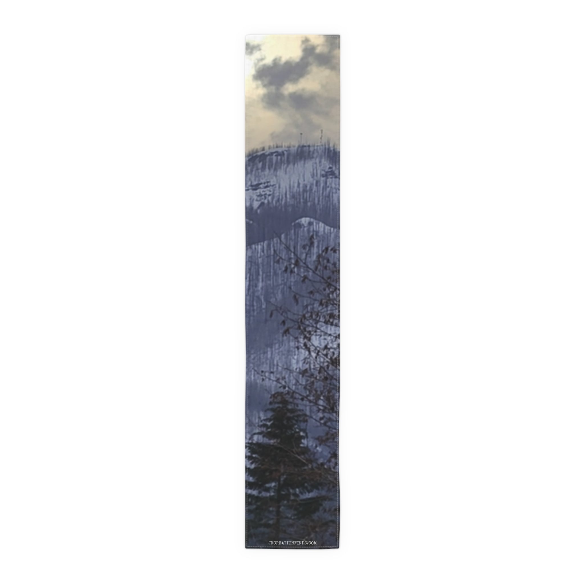 Dark pine tree in front of a hazy mountain range under a cloudy sky.