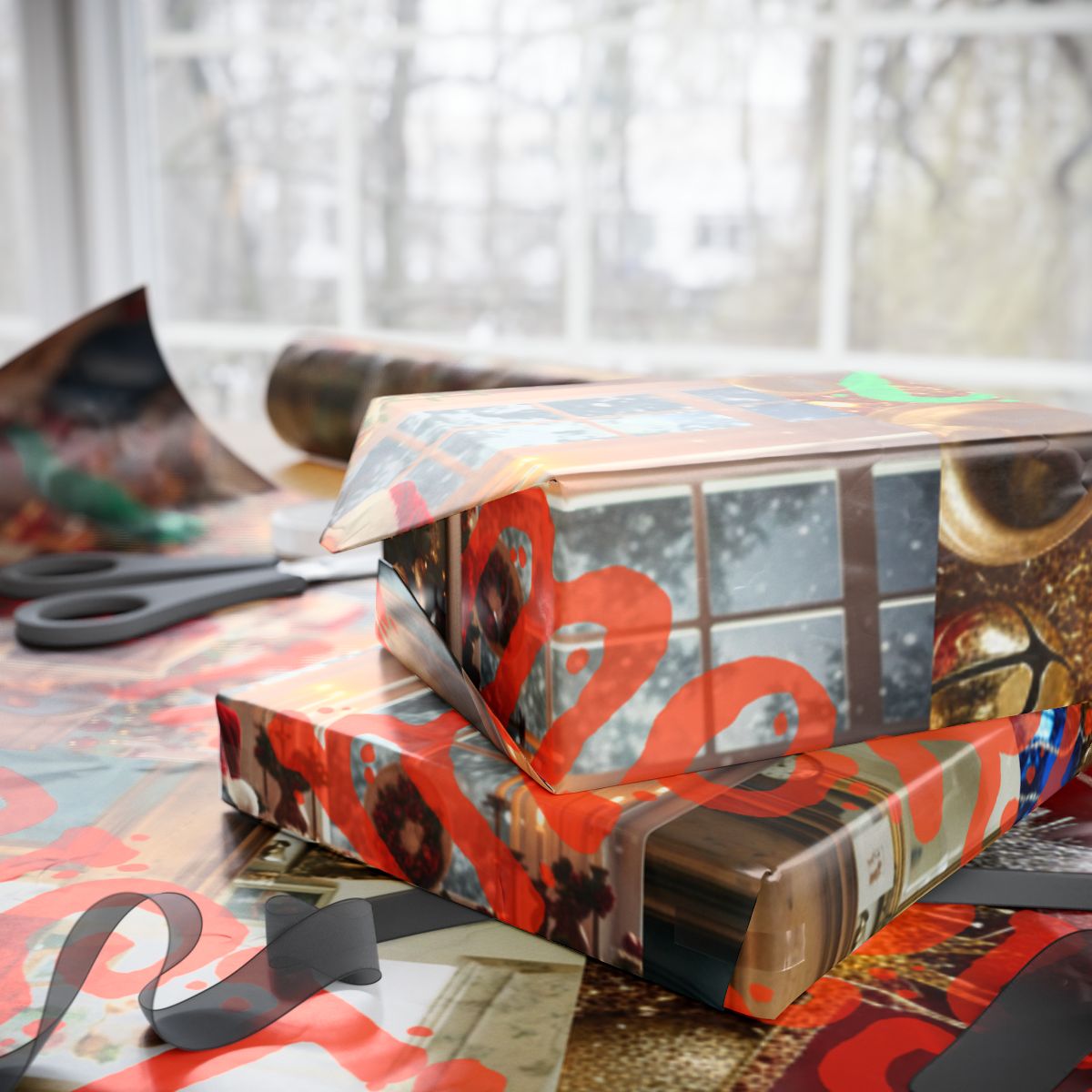 Christmas Themed Wrapped Gifts with Scissors