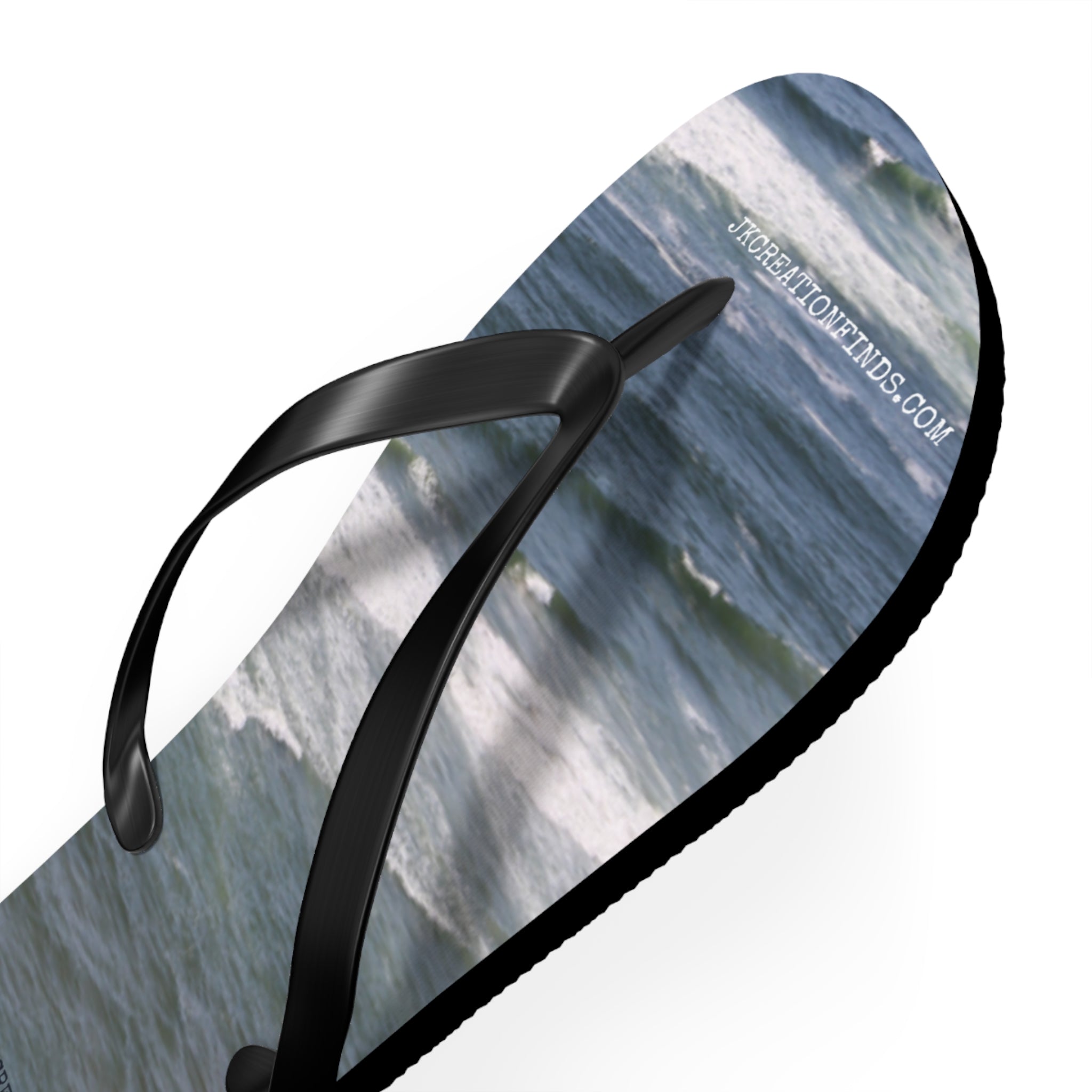 Flip-flops with ocean waves graphic and JKCREATIONFINDS.COM