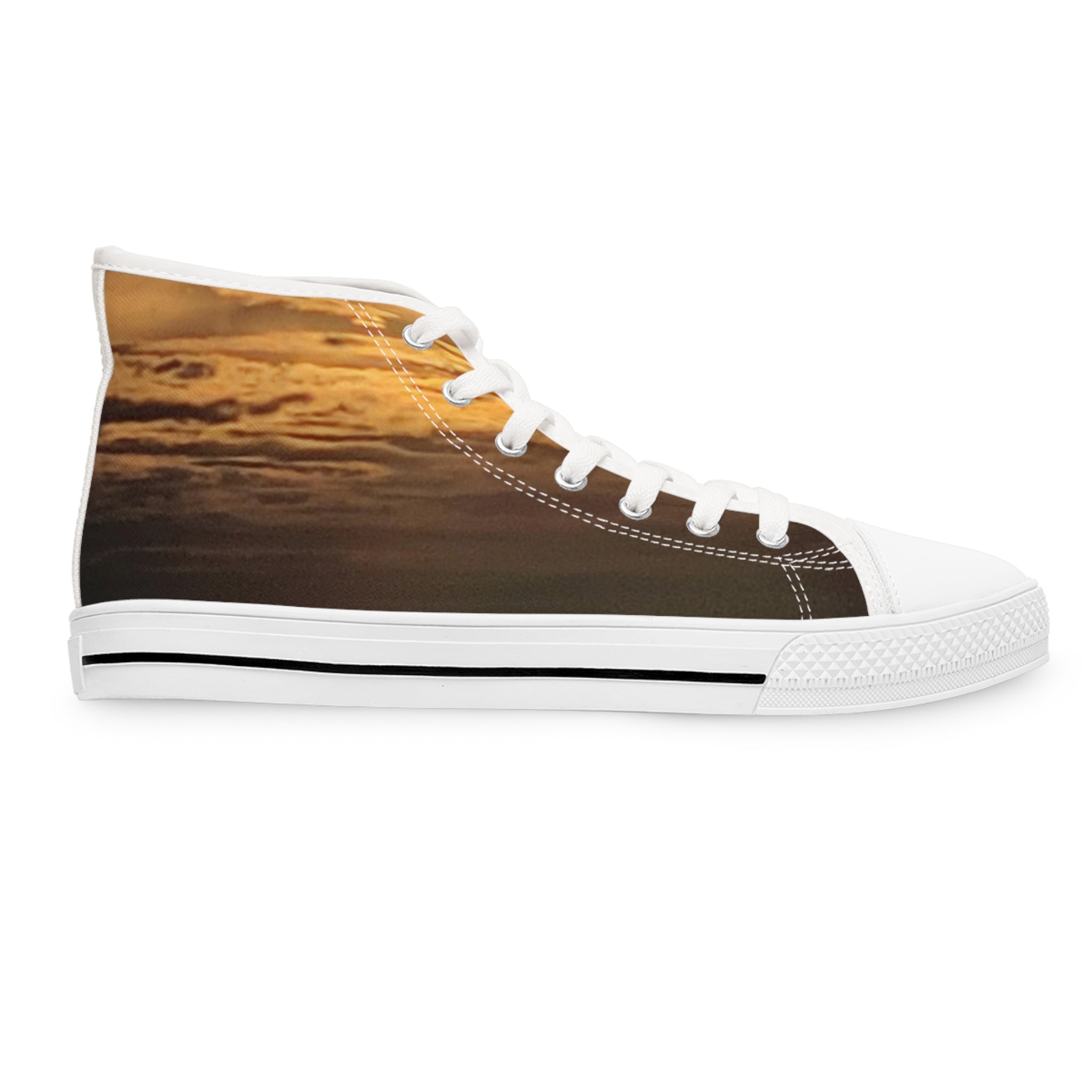 White high-top sneaker with a sunset cloud pattern on the side.