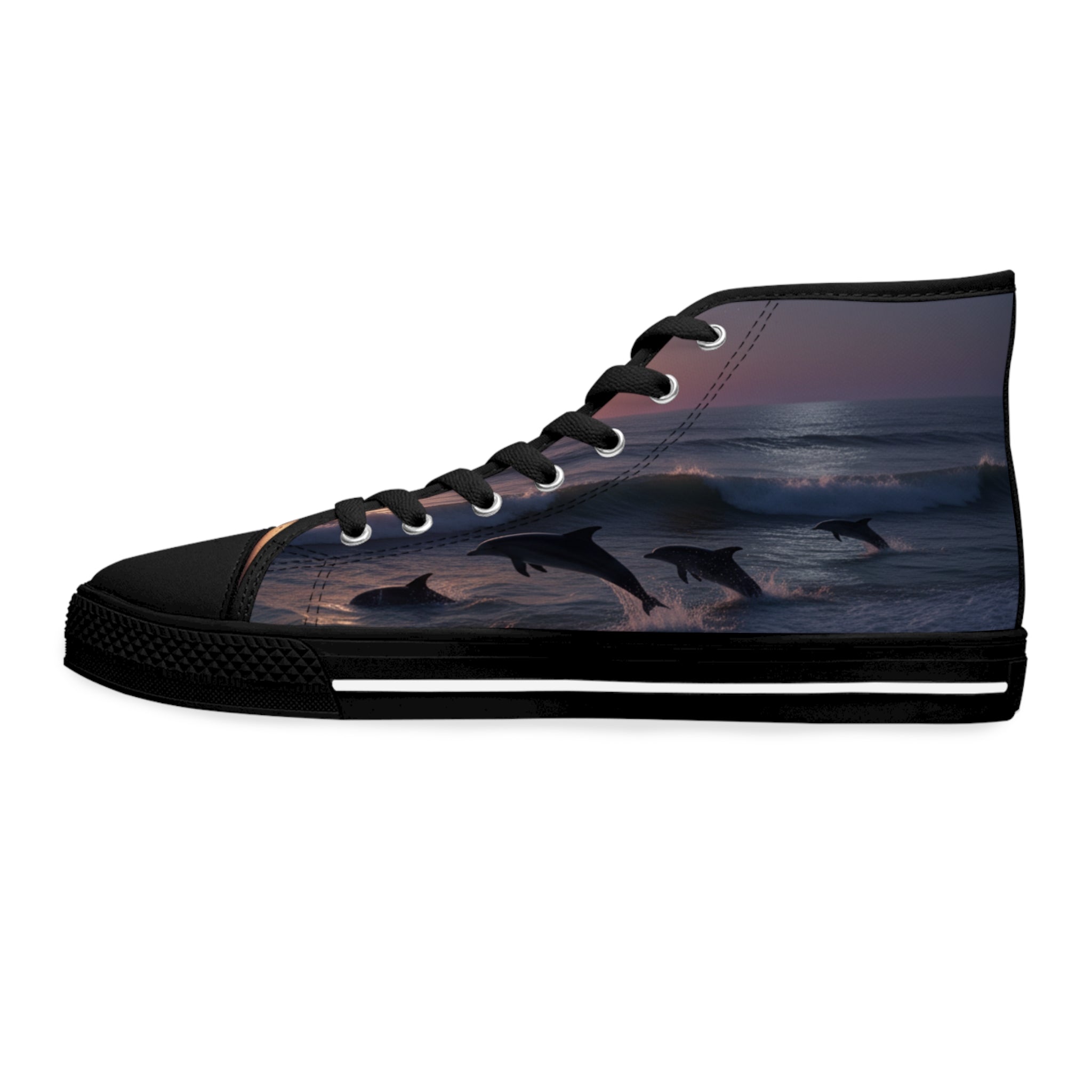 High-top sneakers with leaping dolphins at sunset on a white background.
