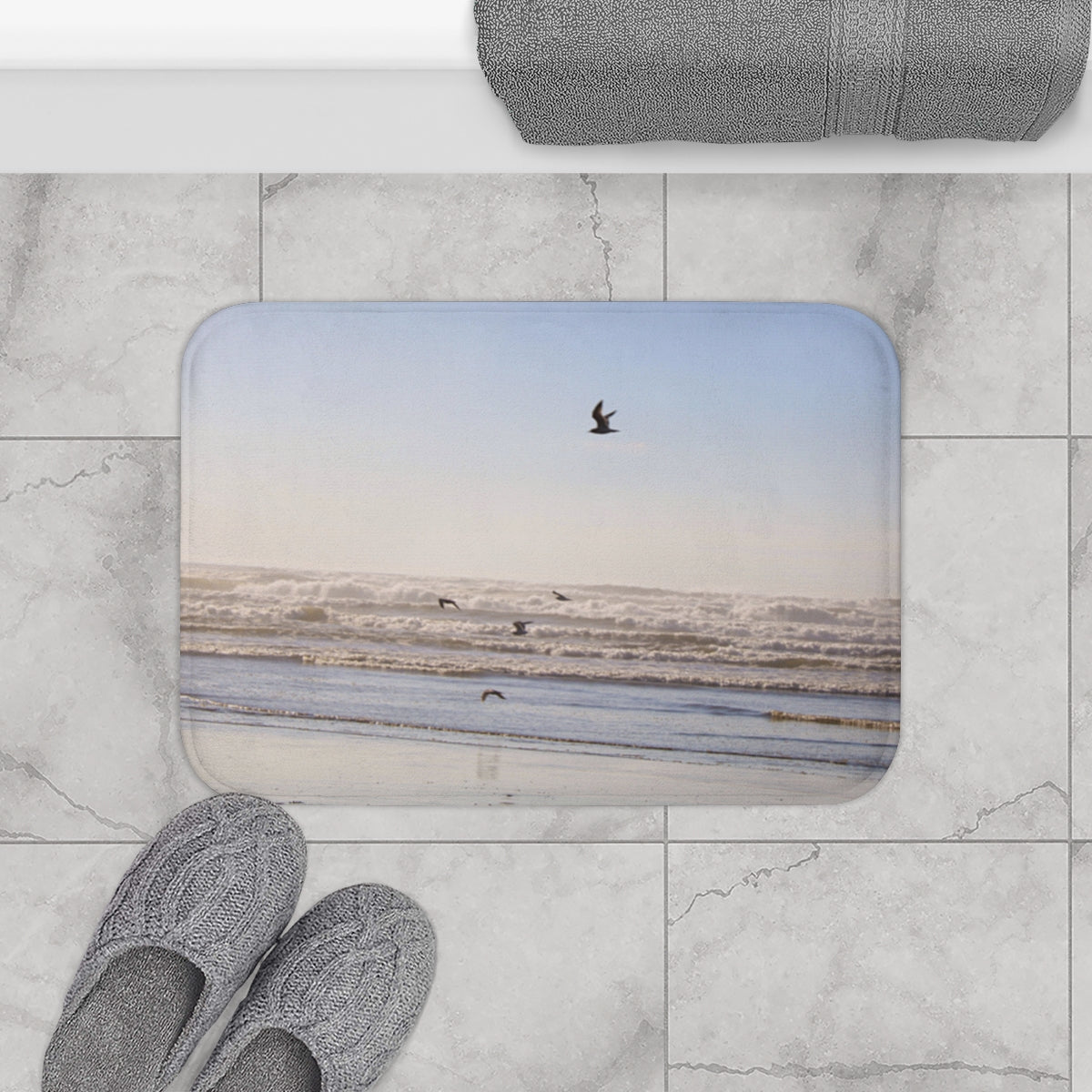 Serene Ocean View Bath Mat with Birds Design