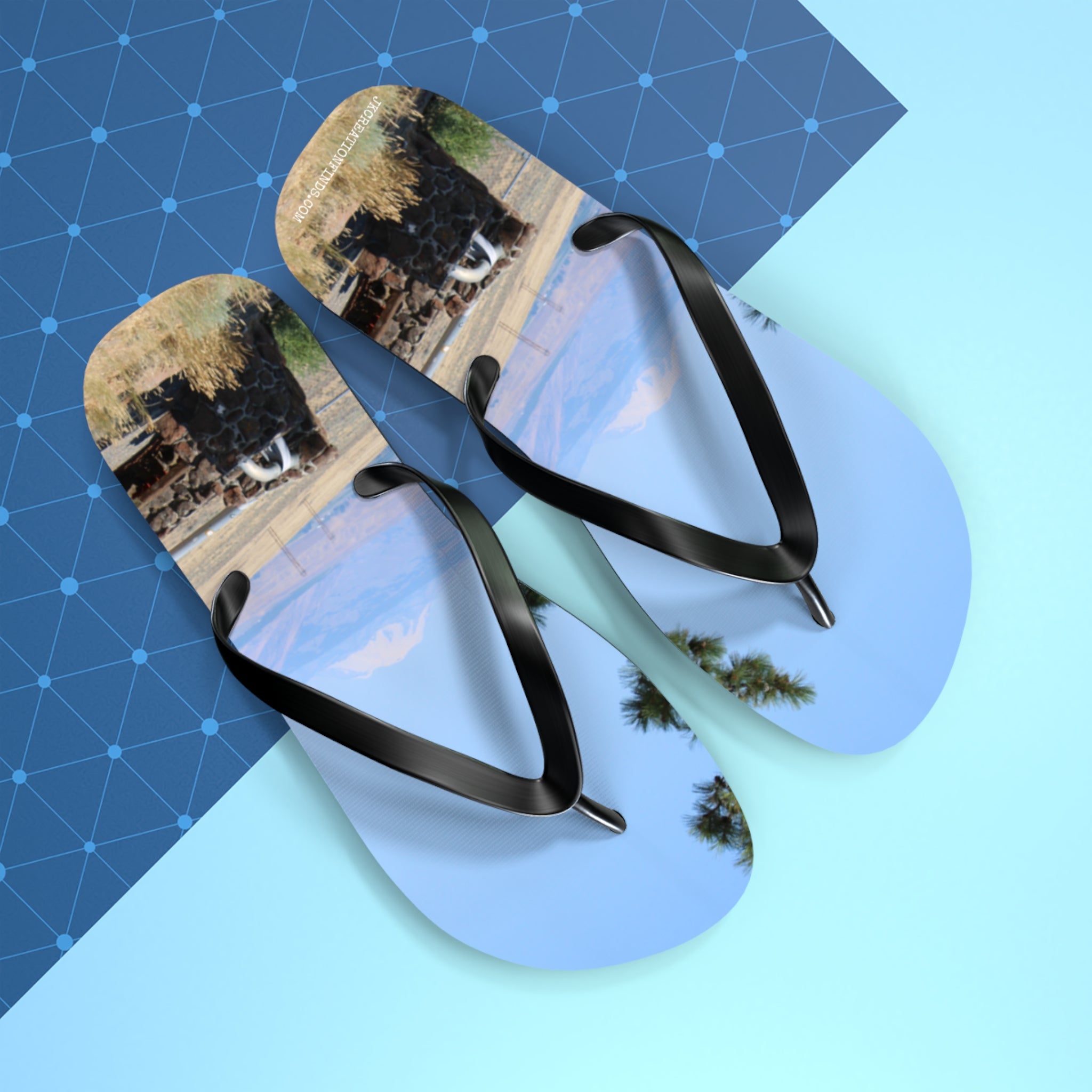 Flip-flops with a scenic landscape and text "HAWAIIAN ISLANDS"