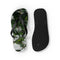 Flip-flops with a floral pattern and a black sole.