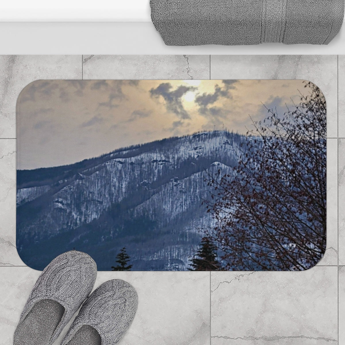 Majestic Mountain Range with Clouds Bath Mat
