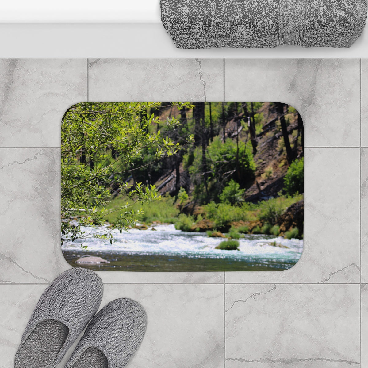 Tranquil Forest Stream Nature Scene Bath Mat