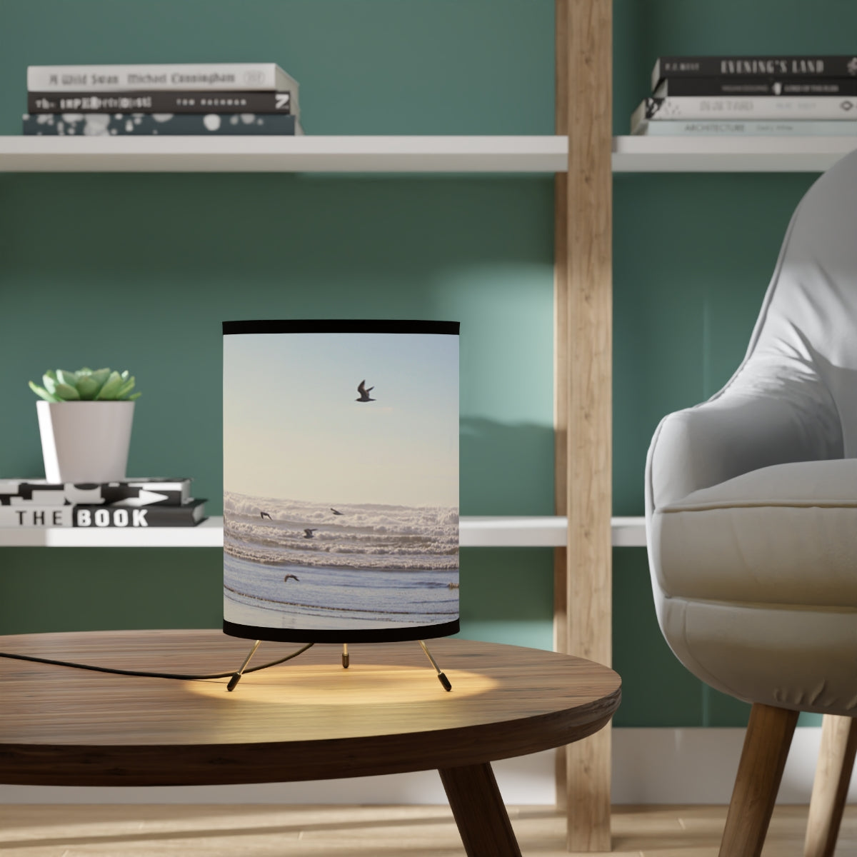 Elegant Bird and Ocean Scene Oval-Shaped Lamp