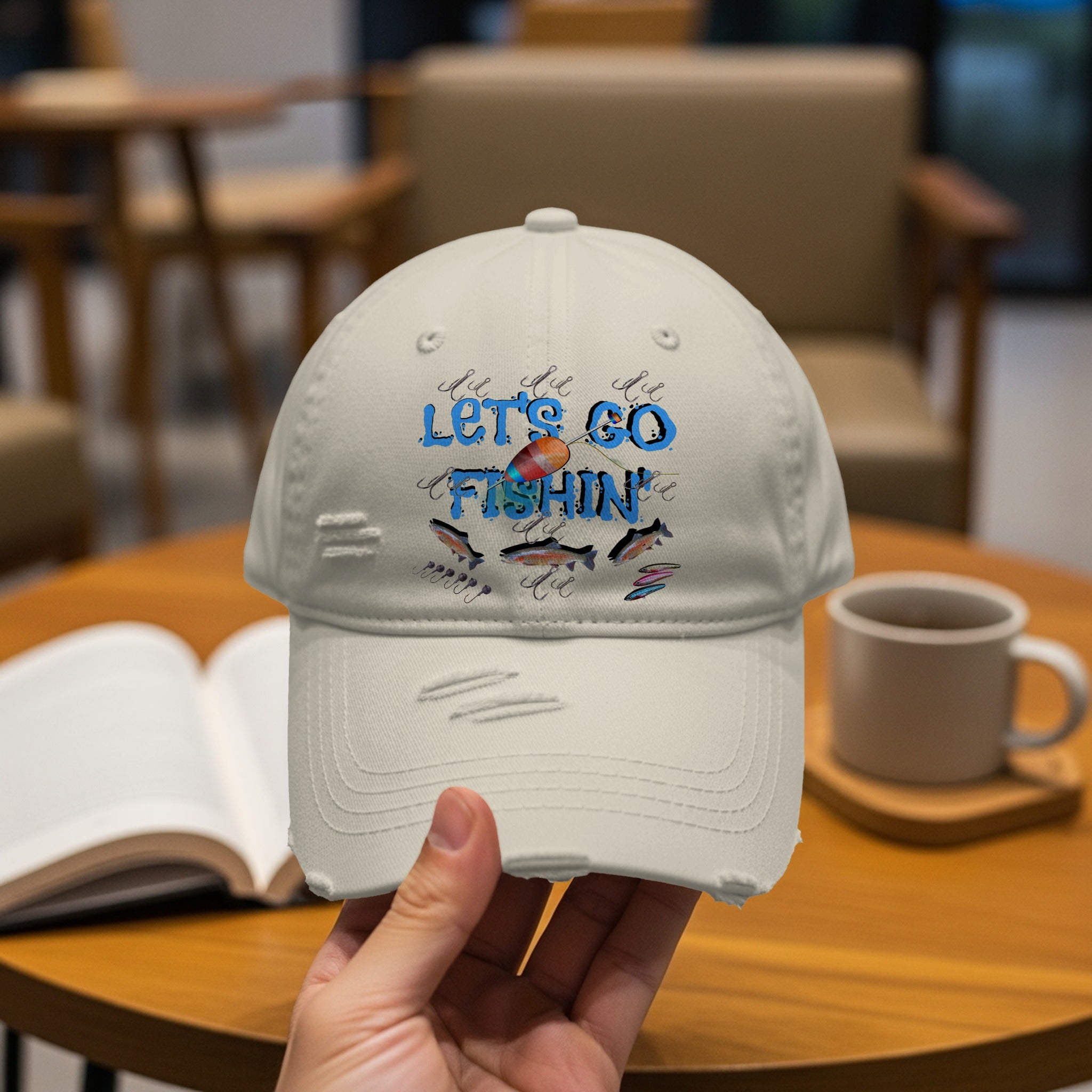 Let's Go Fishin Embroidered Distressed Baseball Cap product