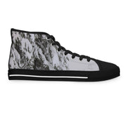 Black high-top sneaker with snow-covered evergreen trees graphic.