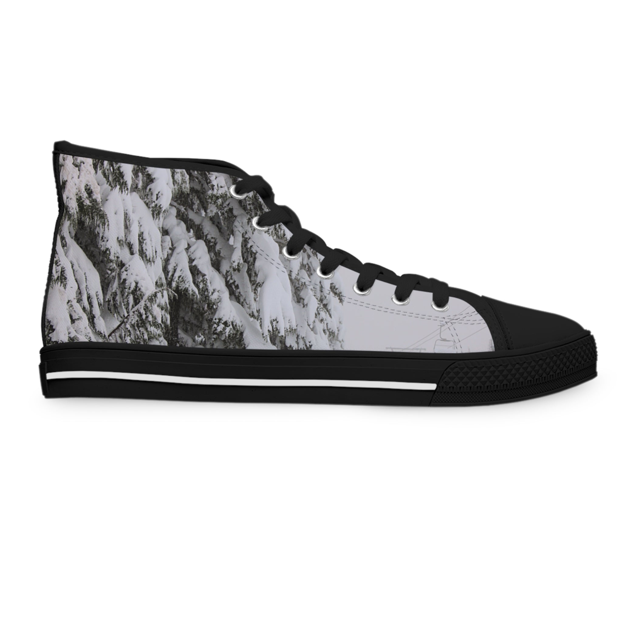 Black high-top sneaker with snow-covered evergreen trees graphic.