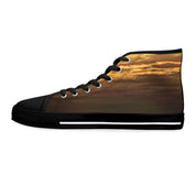 High-top sneaker with a sunset sky pattern.