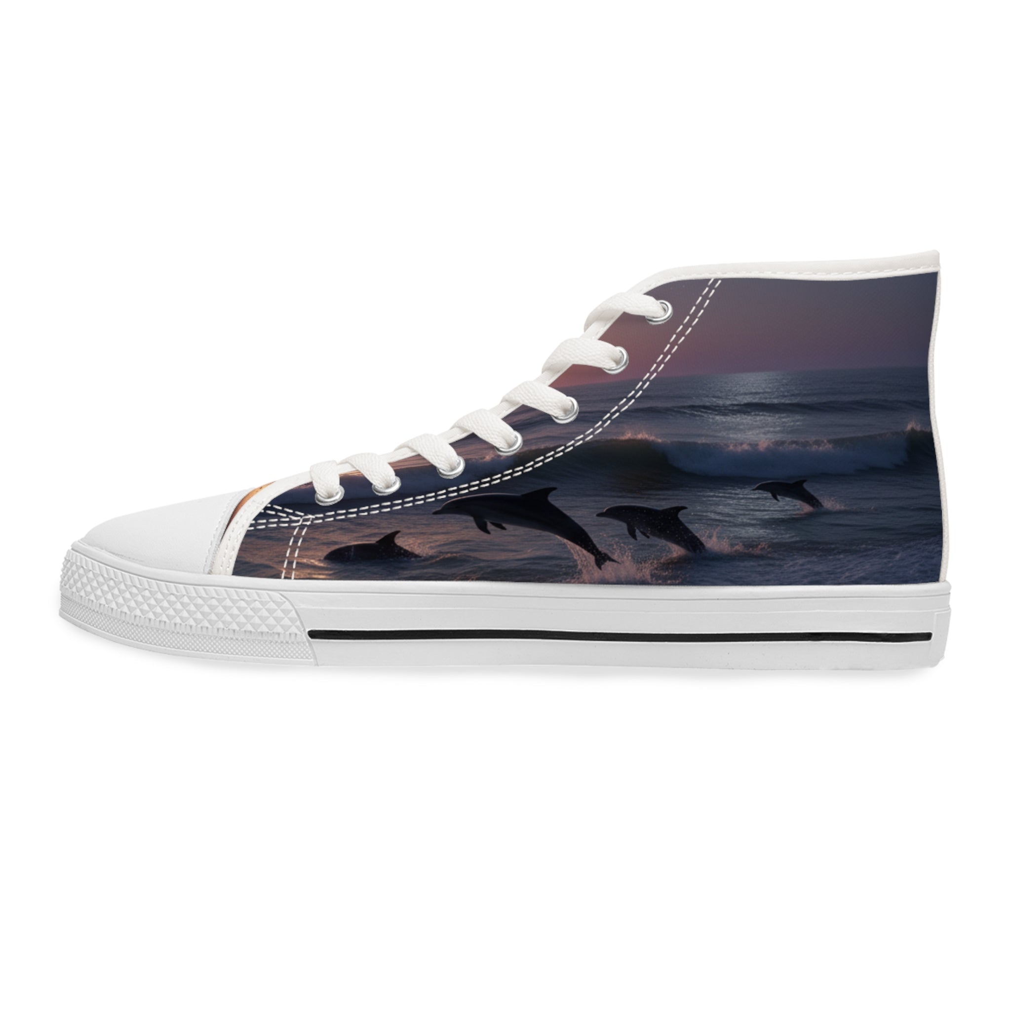 High-top canvas shoes with leaping dolphins on a wave at sunset.