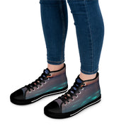 High-top sneakers with a celestial, smoky-blue and orange gradient design.
