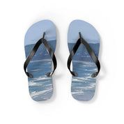 Flip-flops displaying a beach and ocean scene.