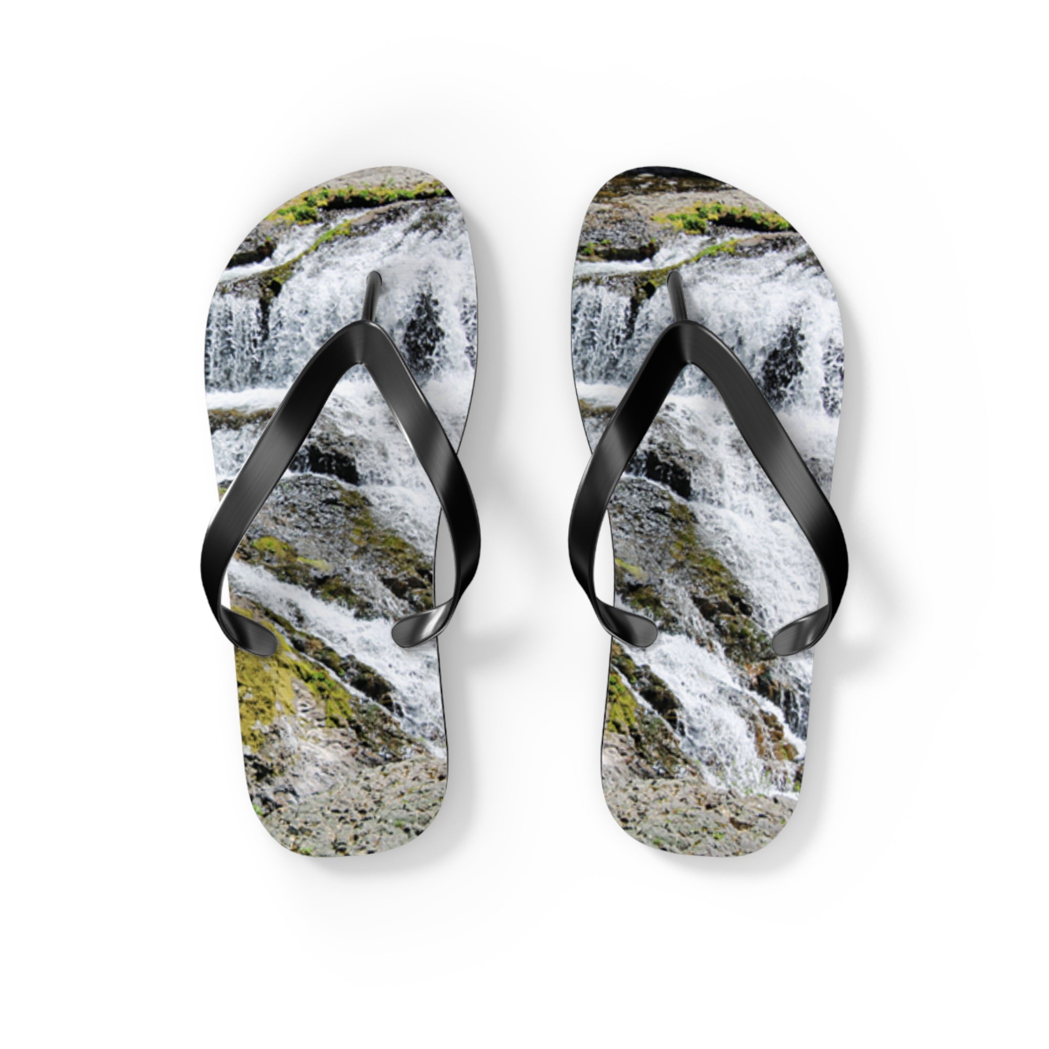 Flip-flops with waterfall print on white background.