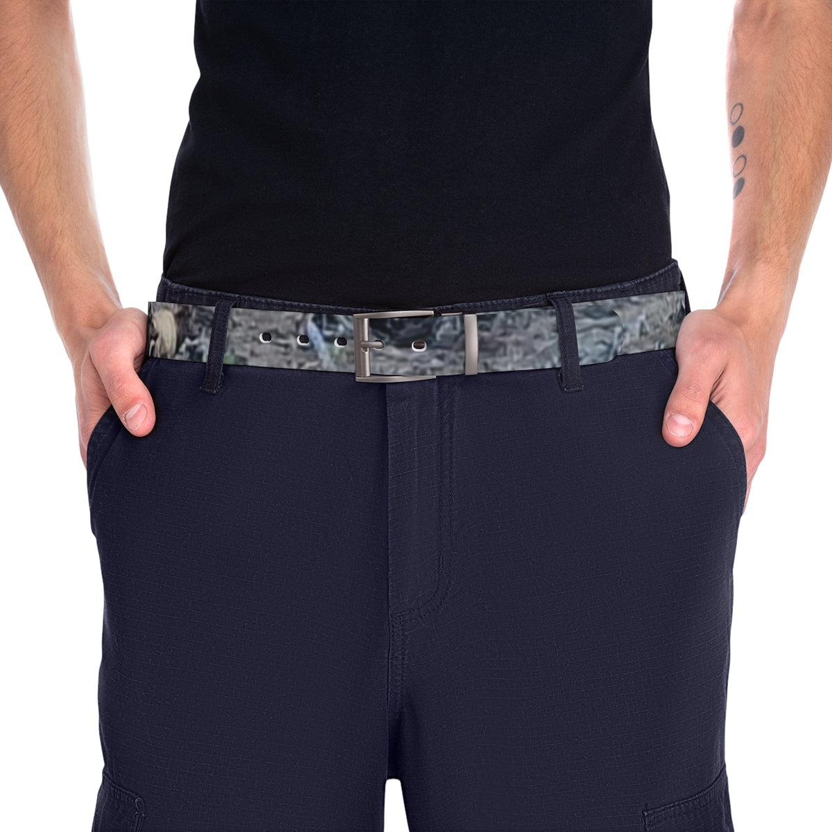 Stylish black pants with camo belt men's trousers