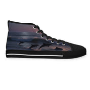 High-top sneakers with leaping dolphins and sunset ocean waves.