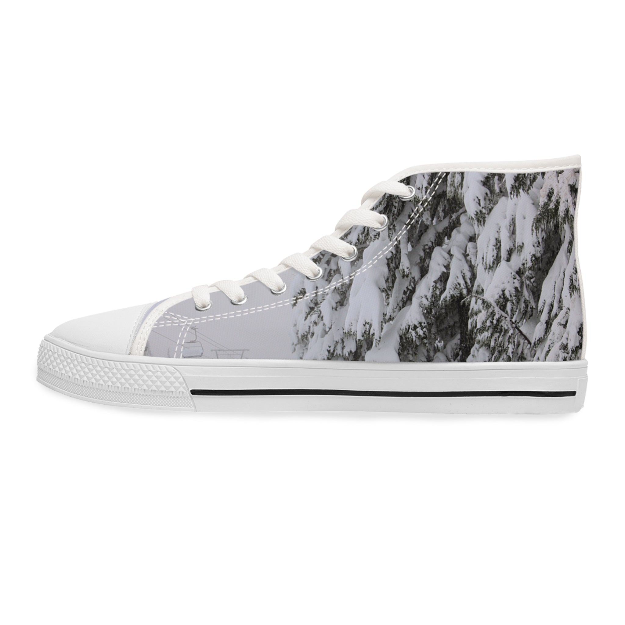 High-top sneaker with snow-covered trees and ski lift graphic.