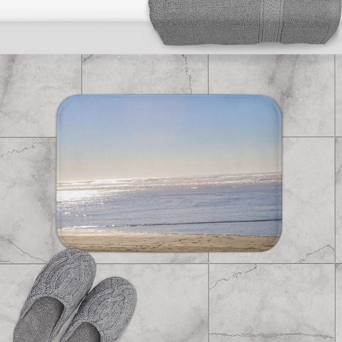 Serene Ocean Waves and Sand Beach Bathroom Mat