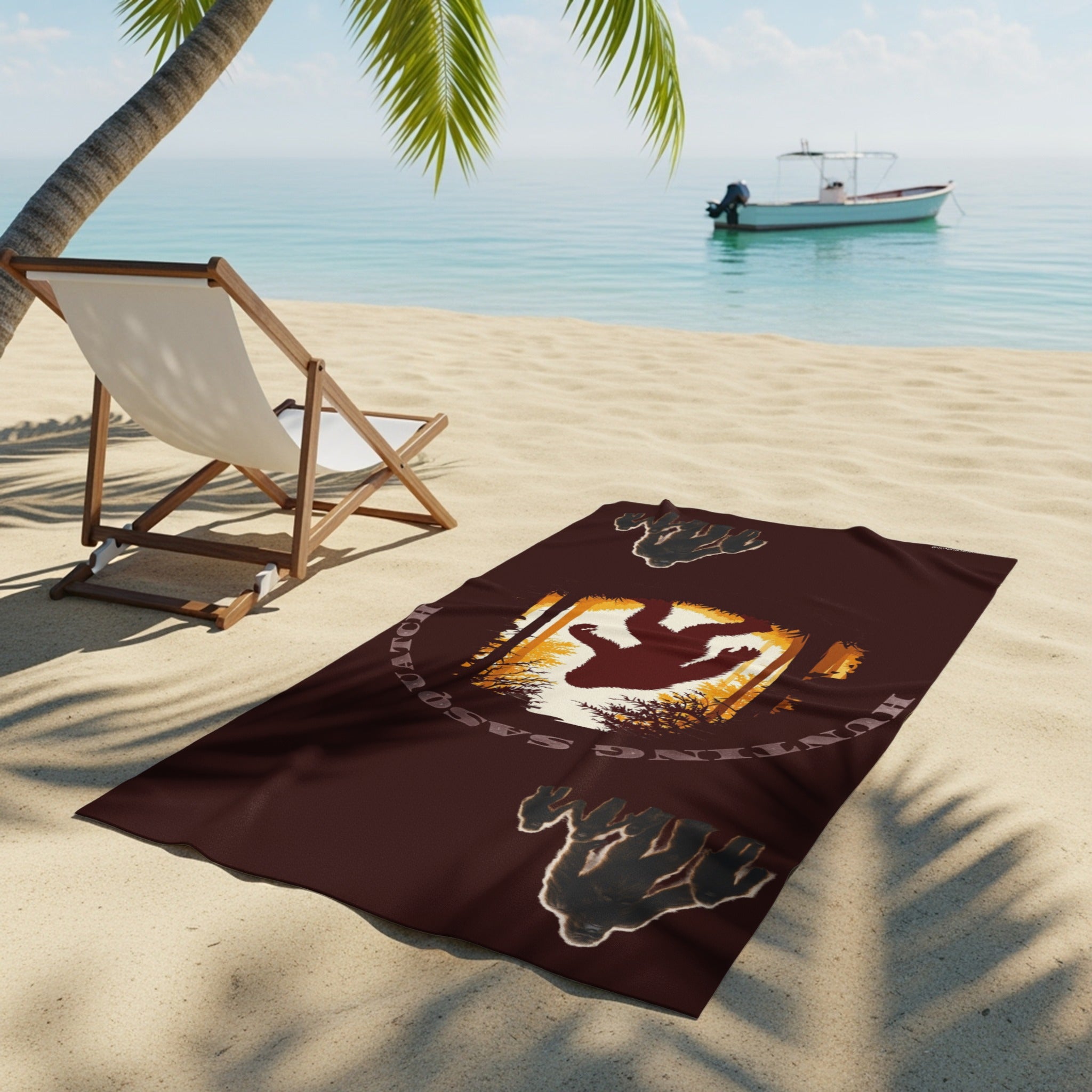Reclining chair and boat beach scene towel product