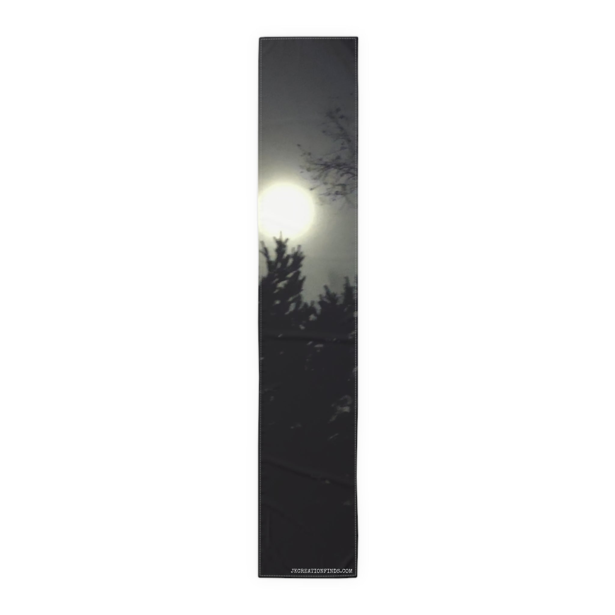 Scarf with a backlit moon and tree silhouette, featuring "JKCREATORFINDS.COM".