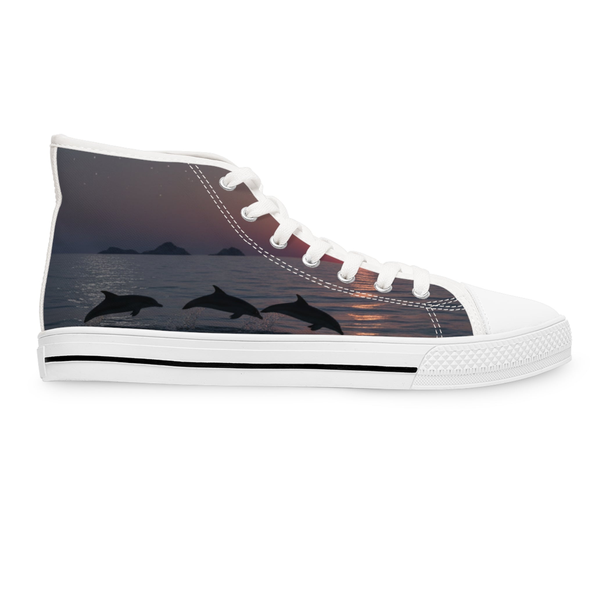 High-top sneakers with a sunset ocean and dolphin graphic.