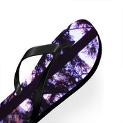 Flip flop with abstract purple and black tree bark pattern.