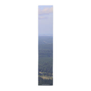 Vertical panoramic view of a dense evergreen forest with a distant hazy sky.