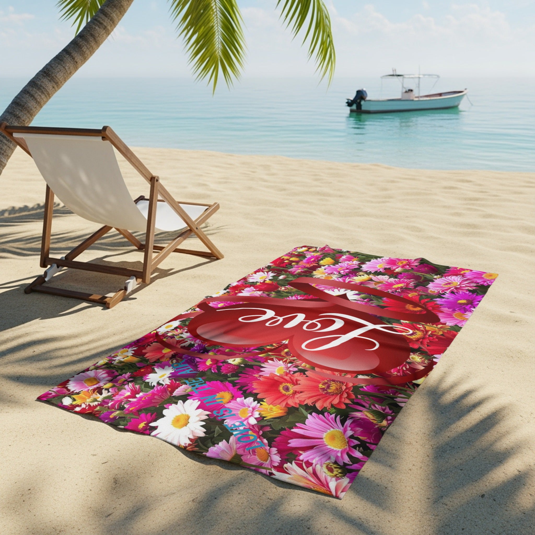 Love Heart and Colorful Flowers Beach Towel product