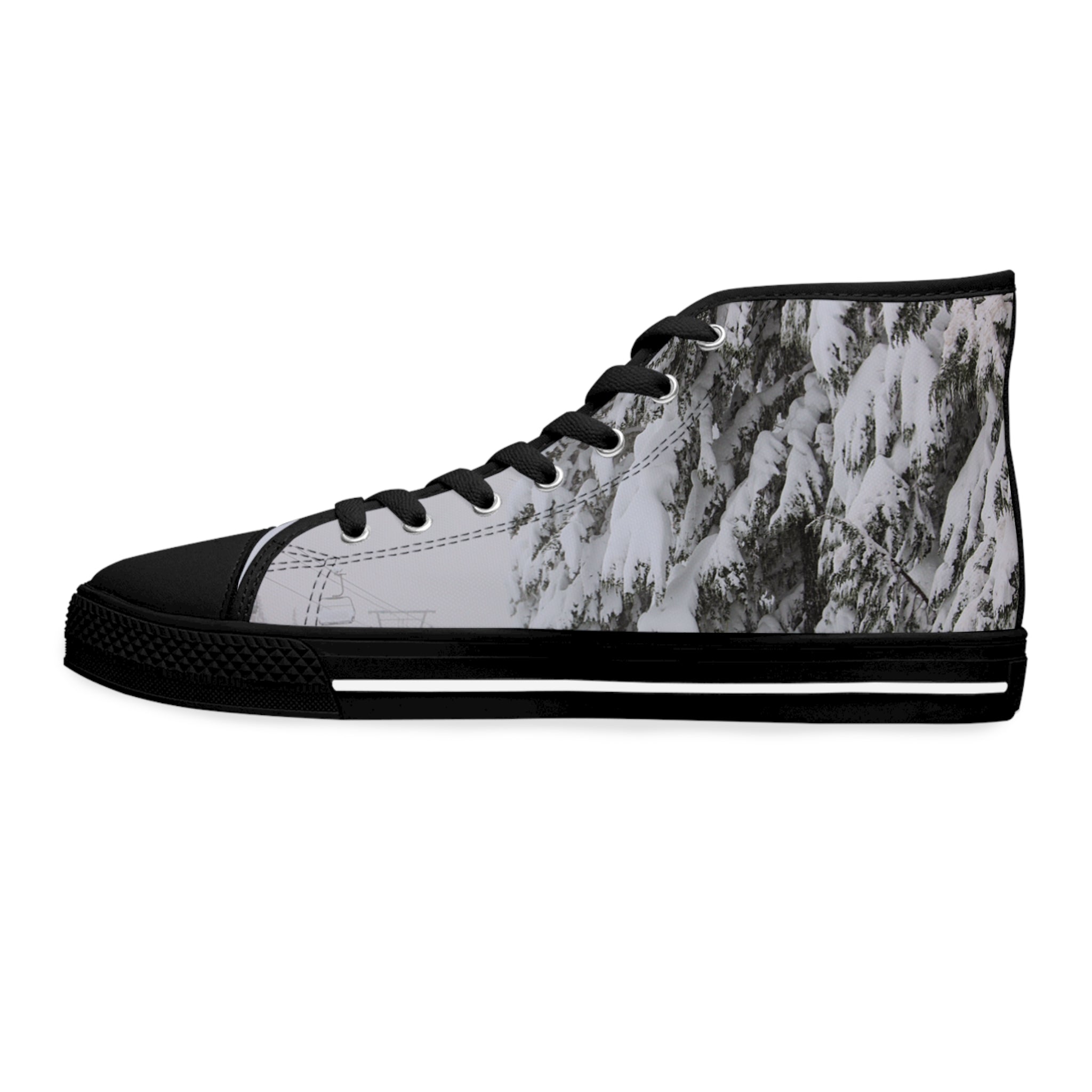 High-top sneakers with a snow-covered mountain graphic.