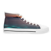 High-top sneaker with a sunset beach scene printed on the side.