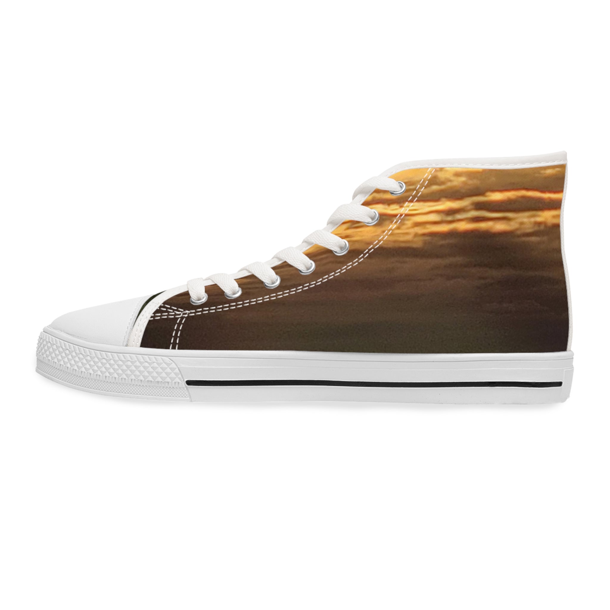 High-top canvas shoe with a sunset sky print on the side.
