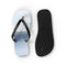 Black flip-flops with a scenic lake and forest image on one sole.