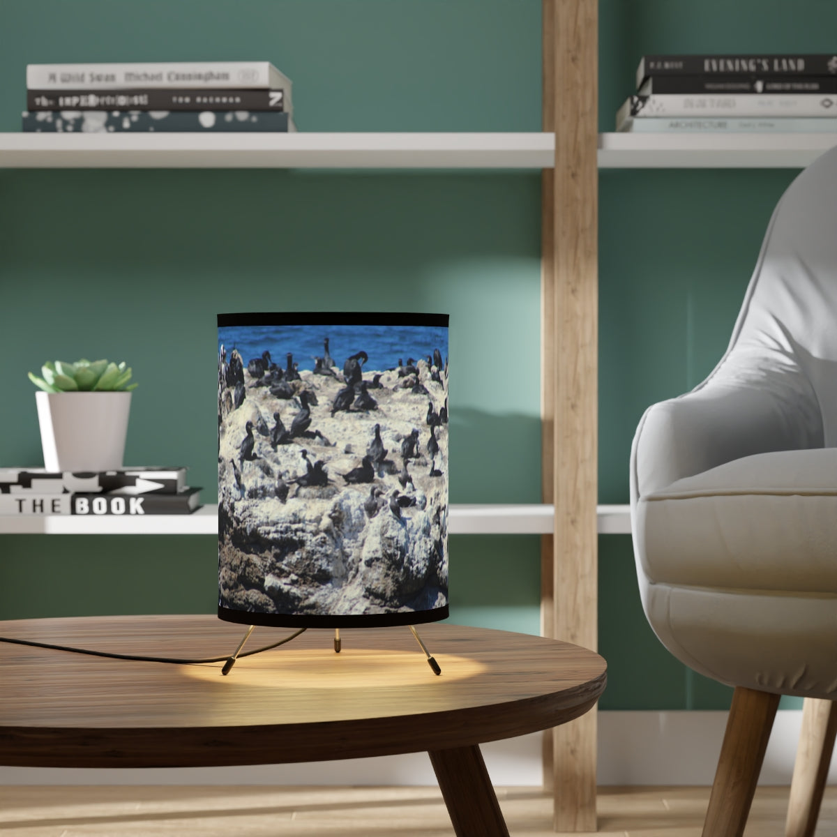 Penguins Gather on Rocky Shore Table Lamp