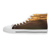 High-top sneaker with a sunset sky pattern on a white background.