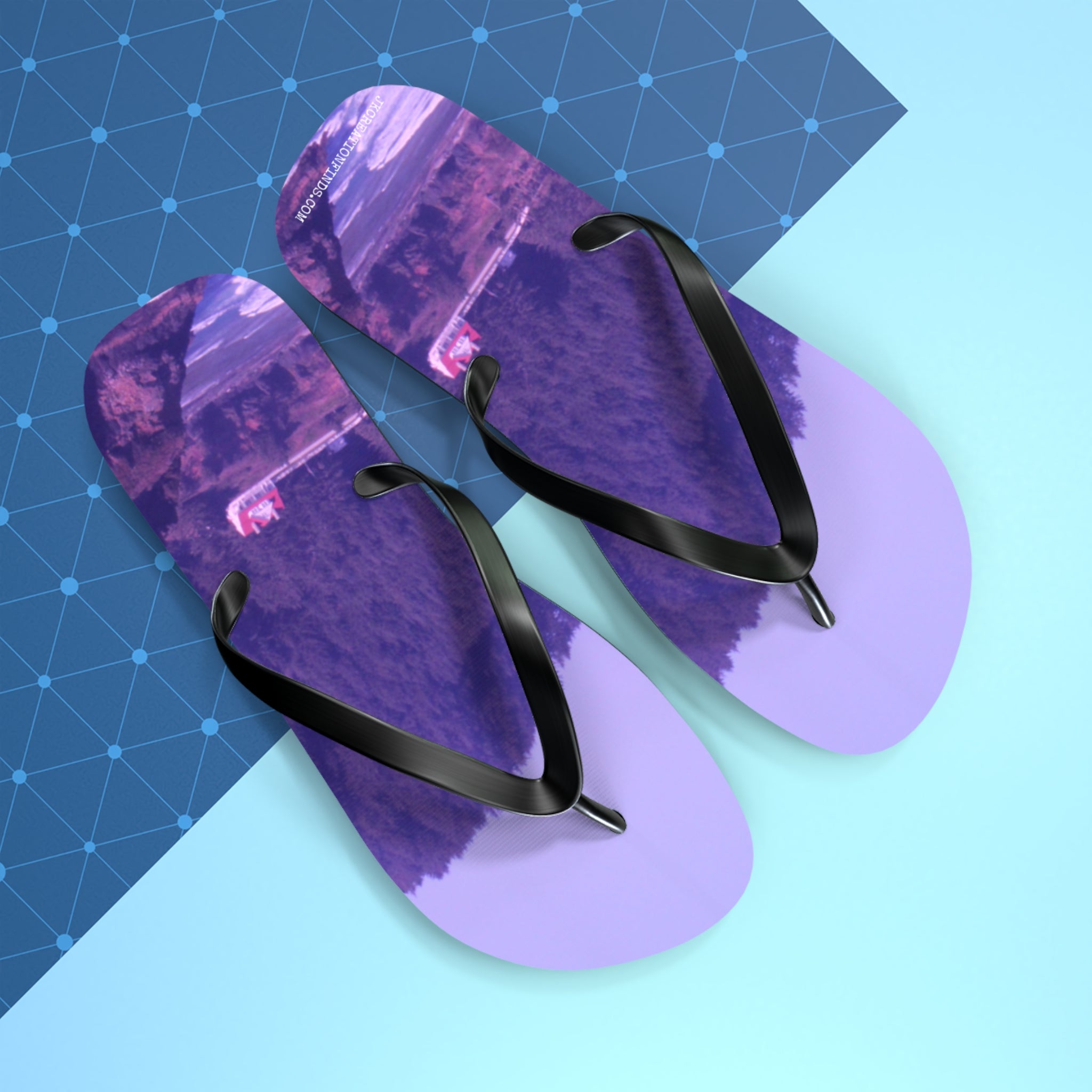 Purple flip-flops with a scenic aerial view of a landscape.